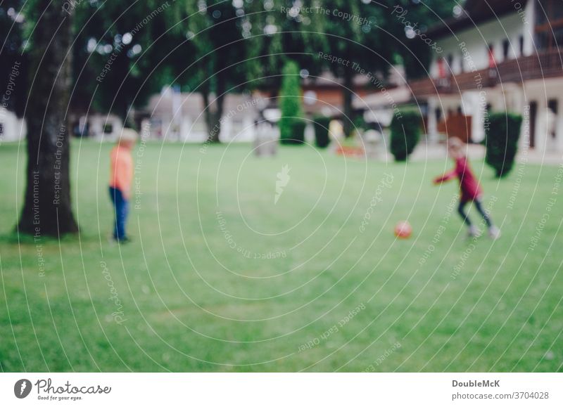 Two children play football on a meadow, photo is blurred soccer Sports Ball Playing Grass green Lawn Meadow Ball sports Leisure and hobbies Exterior shot
