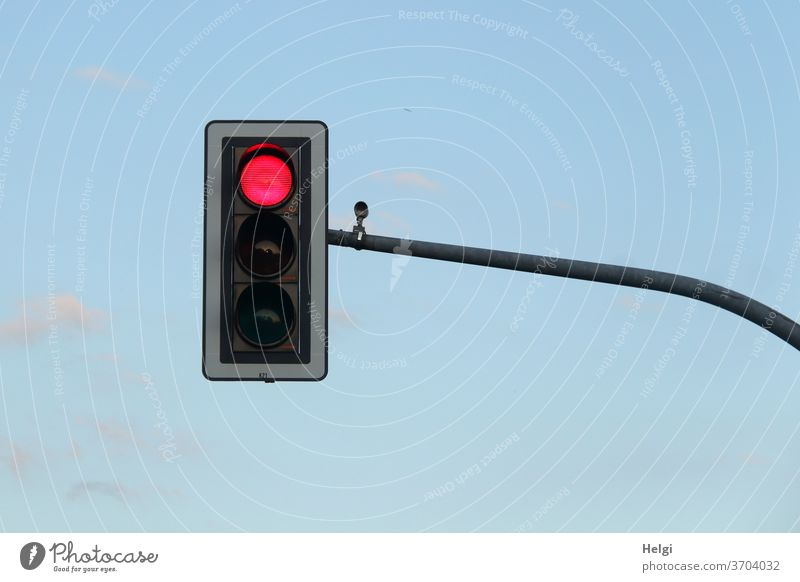 STOP - traffic light with red signal in front of blue sky Traffic light Light signal stop Red Wait Signal station Transport Stop Exterior shot Road traffic
