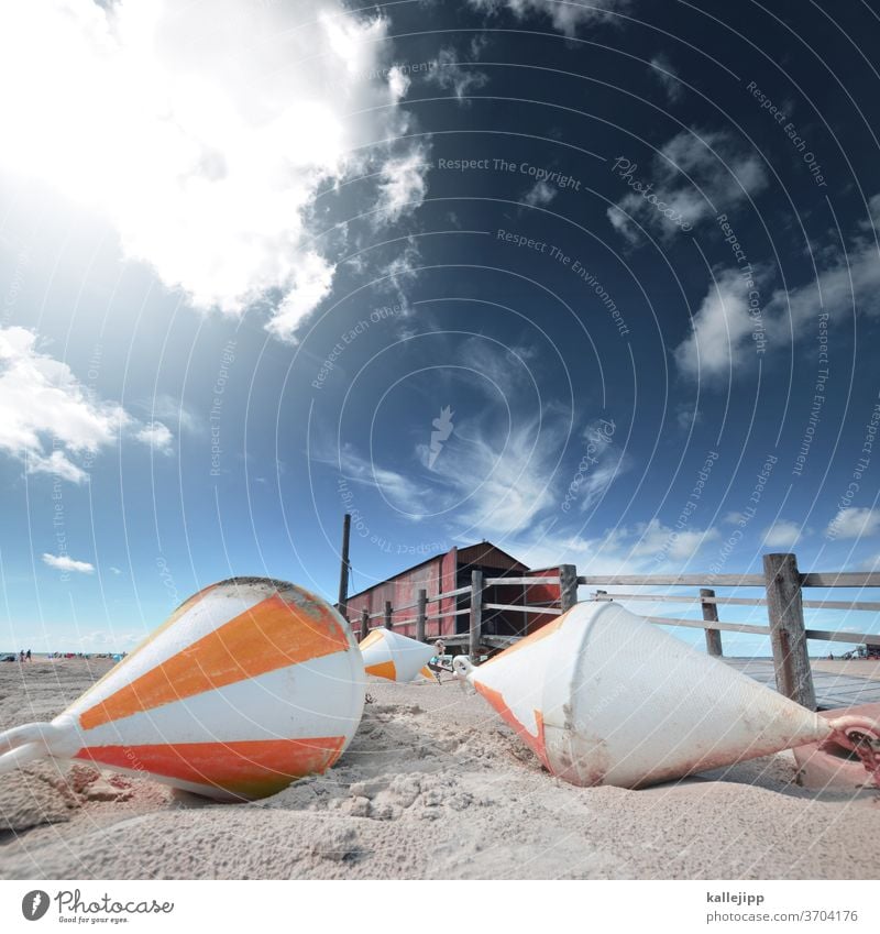 beach hut with buoys Beach St. Peter-Ording Summer Buoy Sand Perspective Wide angle Horizon Fence wood North Sea Schleswig-Holstein germany Coast Exterior shot