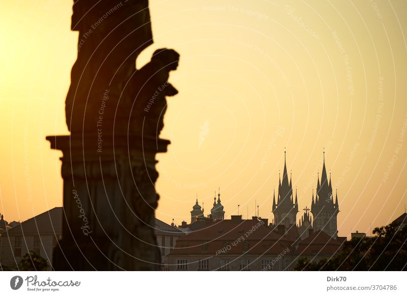 Teynkirche, seen from the Charles Bridge at dawn Teyn Church Medieval Centre Ring Prague Old town Landmark Tourist Attraction famous Famous building