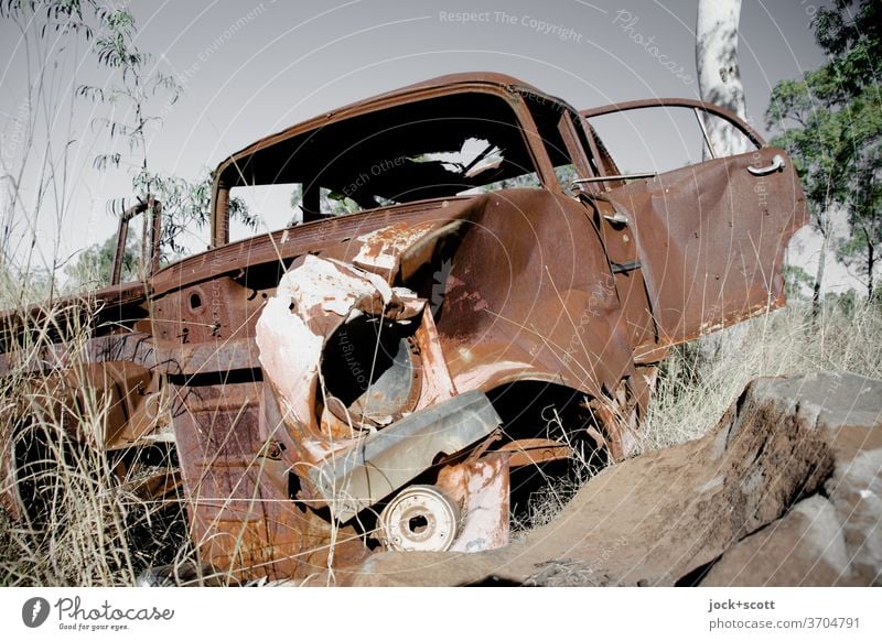 Wreck lost and rusty in the hinterland Wrecked car Transience Change Decline Nostalgia Apocalyptic sentiment Broken Rust Car Nature Loneliness Scrap metal Old
