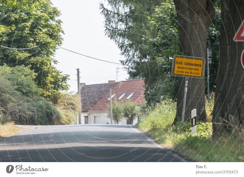 City entrance Groß Schönebeck Brandenburg Outskirts Signs and labeling Deserted Colour photo Exterior shot Day Signage Street Lanes & trails Road traffic