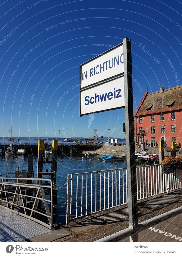 Who invented it? Lake Constance Meersburg vacation Tourism Switzerland Ferry Navigation Vacation & Travel Blue sign Clue Direction Handrail boats built Old