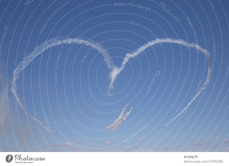 Love for all Heart Romance air show Aircraft Vapor trail Sky Blue Beautiful weather Aviation Flying Airplane Freedom Vacation & Travel Worm's-eye view