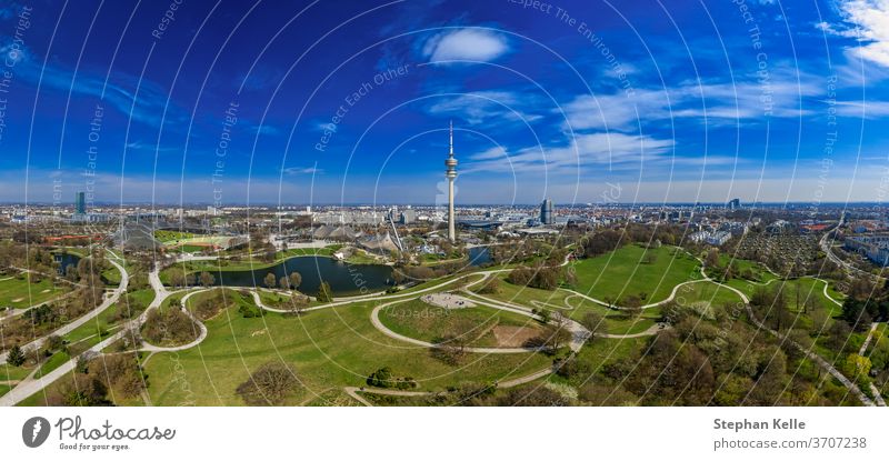 Popular view over the bavarian capital as a drone shot panorama at springtime, feel well and enjoy. munich aerial beauty blue sky impressive living popular