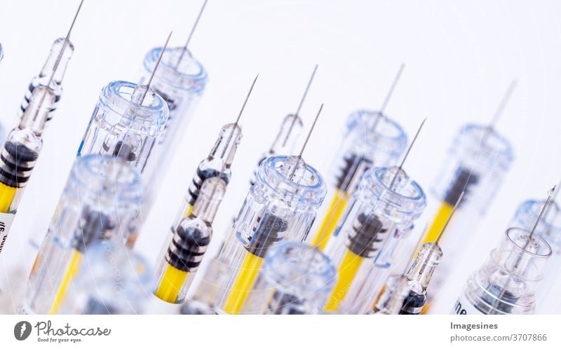 View of a number of different light-coloured syringes. Research, medicine, pharmacy and healthcare alternative treatment antibiotic background beauty treatment