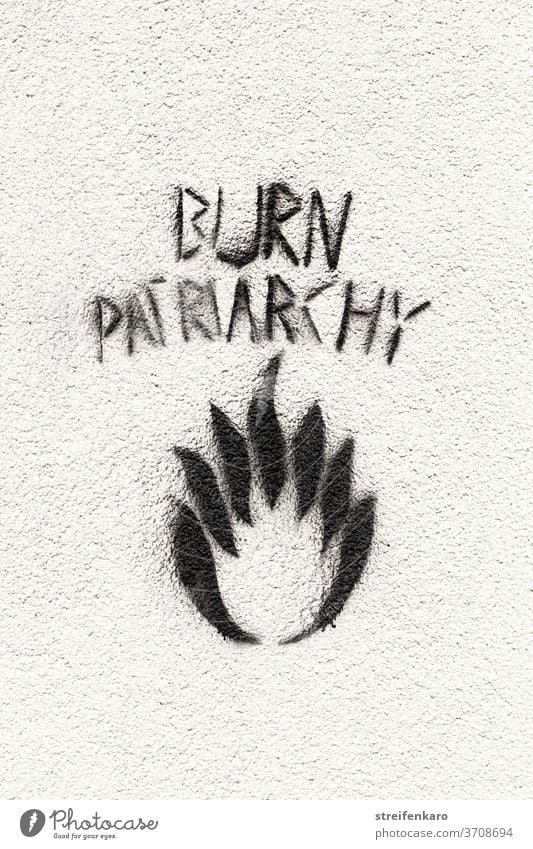 Graffiti "Burn Patriachy" white background white wall Black patriarchal sc Characters Design Flame Criticism Remark Facade Wall (barrier) Sign Opinion