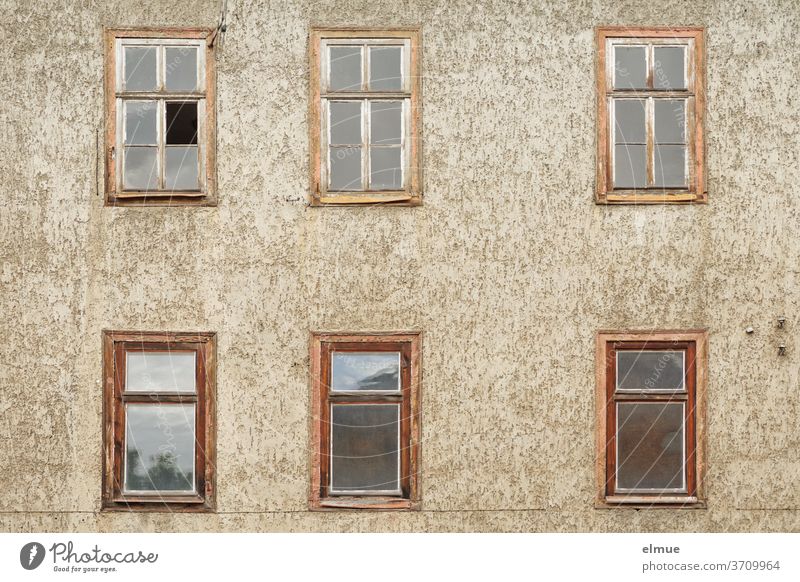 It has become quiet behind the six old wooden windows of the slowly decaying house Facade Wooden window Window House (Residential Structure) dwell built