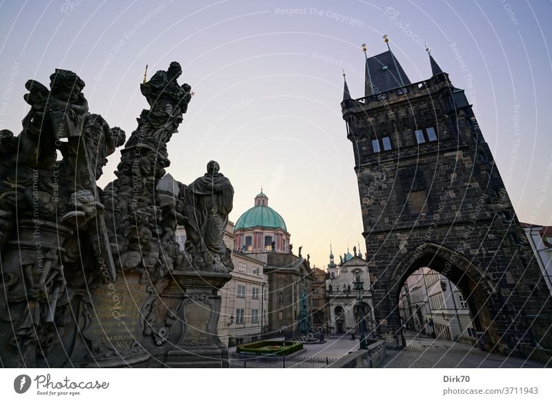 View from the Charles Bridge towards the old town of Prague in the morning bridge Statue Sculpture king emperor Seagull Black-headed gull Headwear Church