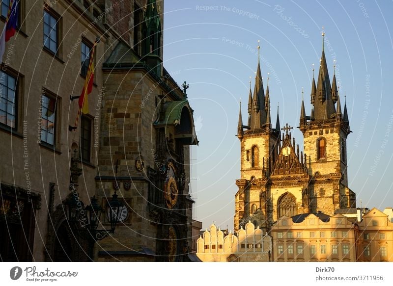 Prague's Church of St. Tyn and Clock of the Old Town Hall in the evening light Teyn Church Medieval Centre Ring Old Town hall Tourist Attraction Czech Republic