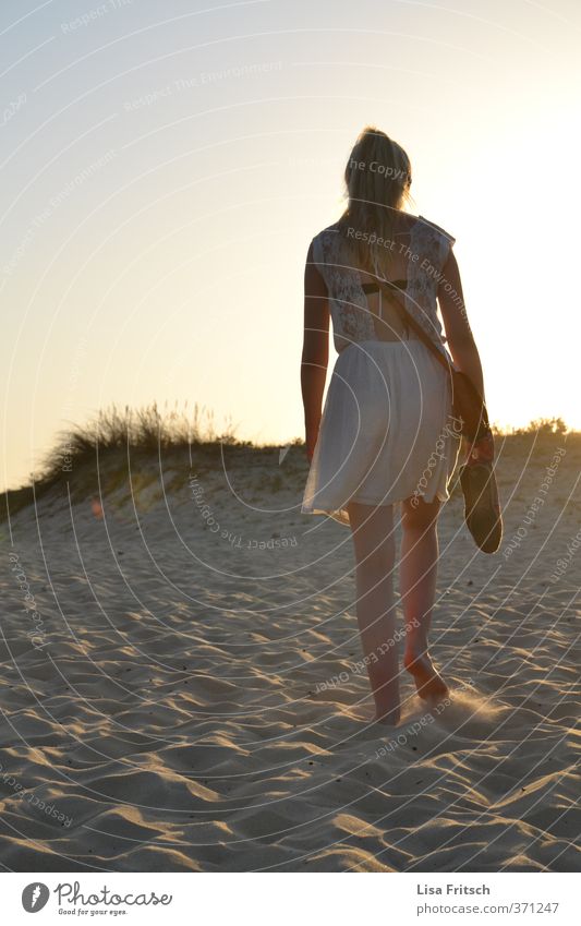 silent Feminine Young woman Youth (Young adults) 1 Human being 18 - 30 years Adults Nature Sand Cloudless sky Sunrise Sunset Summer Beautiful weather Beach