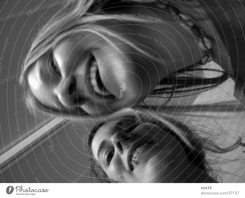 happy time! Woman Feminine Black White Worm's-eye view Laughter Face rain Funny