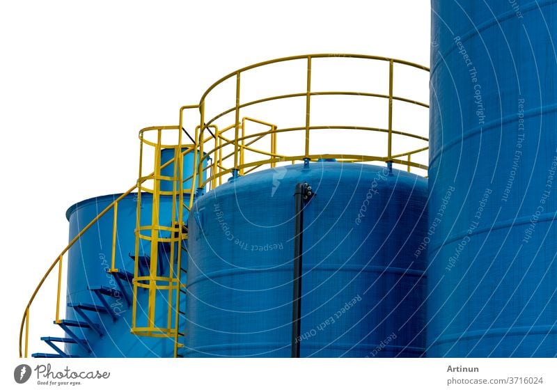 Closeup fuel storage tank in petroleum refinery. Blue big tank of oil storage. Fuel silo. Liquid petroleum tank. Petroleum oil industrial. Fuel station. Oil refinery plant. Petrochemical industry.