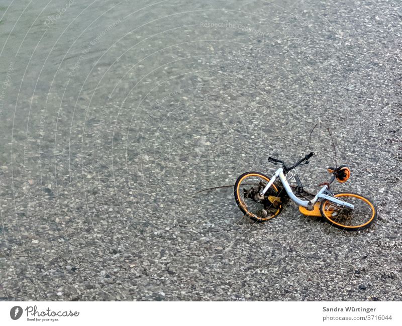 Bicycle in the river, broken bicycle, rental bicycle in the river Cycling bike sharing obike River Gravel bed Leisure and hobbies Water Isar yellow bike