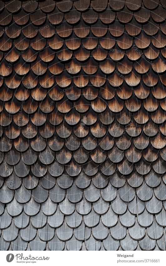 Wooden shingles on old farmhouse House (Residential Structure) wood Facade Weather Brown Weathered Gray allgau Rain Skin Flake wooden shingles