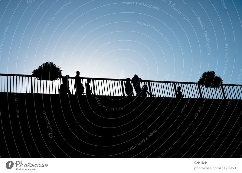 People as silhouettes against the light of a blue sky on a bridge people Back-light Sky Blue Window box Sun Multiple children Adults Family Profile White Black