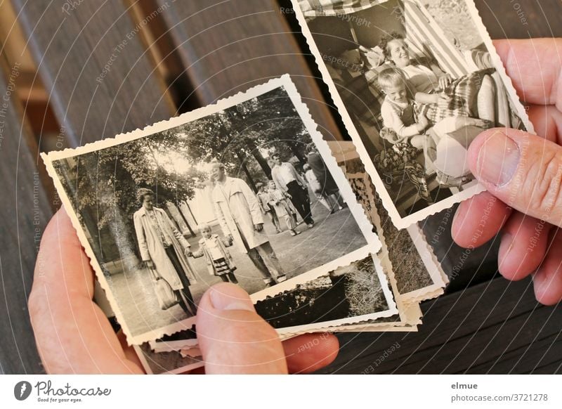 When he found the box with the old black and white photos, he sank for minutes into holiday memories of his own childhood Analog paper image black-white Memory