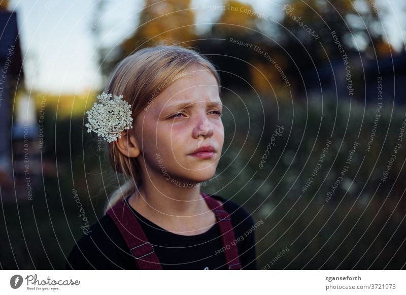 flower child portrait Child Infancy girl Human being 1 Exterior shot 3 - 8 years Day Dream Dreamily Meditative flowers in hair Shallow depth of field Blur