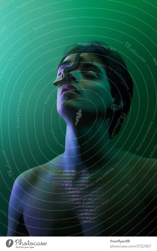 The Call of the Void portrait artificial technology green artistic concept idea surreal creative depression young man nude golden binary code copy space