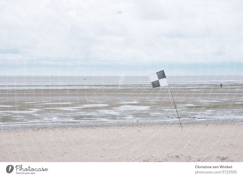 View of the North Sea and the mudflats at low tide on a cloudy windy day. Three tidal flat hikers are on their way. On the beach a black and white flag is in the foreground.