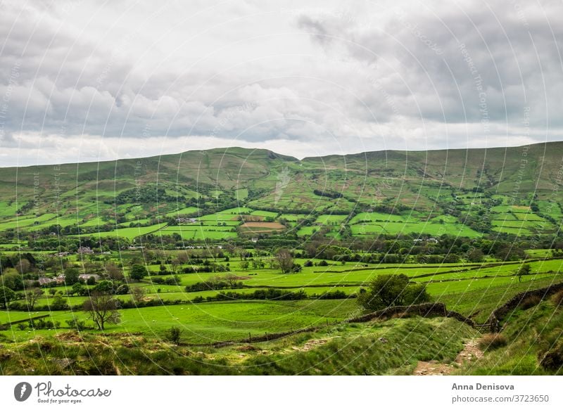 View on the Hills near Edale, Peak District National Park, UK Derbyshire England English Blue Cloudy Countryside Farmland Green Lawn Meadow Midlands Mountain