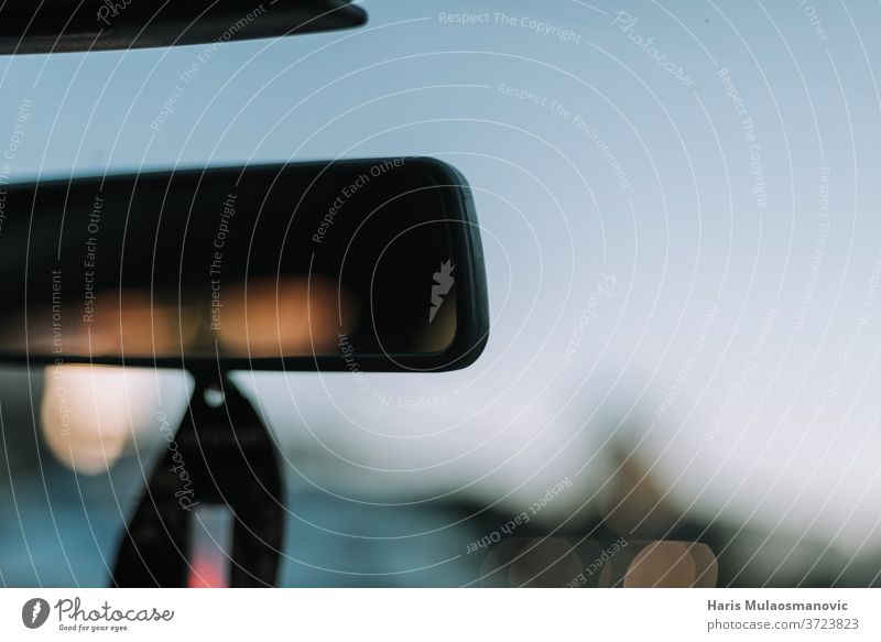 Blurred review mirror in the car close up abstract accessory auto automobile backdrop background beautiful behind blue blur blurred concept design drive driver