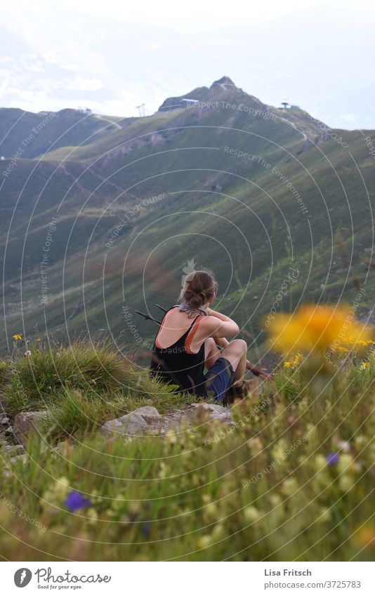 mountains - break - woman - meadow Mountain Hiking Break green Meadow plants Summer 30 - 45 years Nature Love of nature Experiencing nature admiring Experience