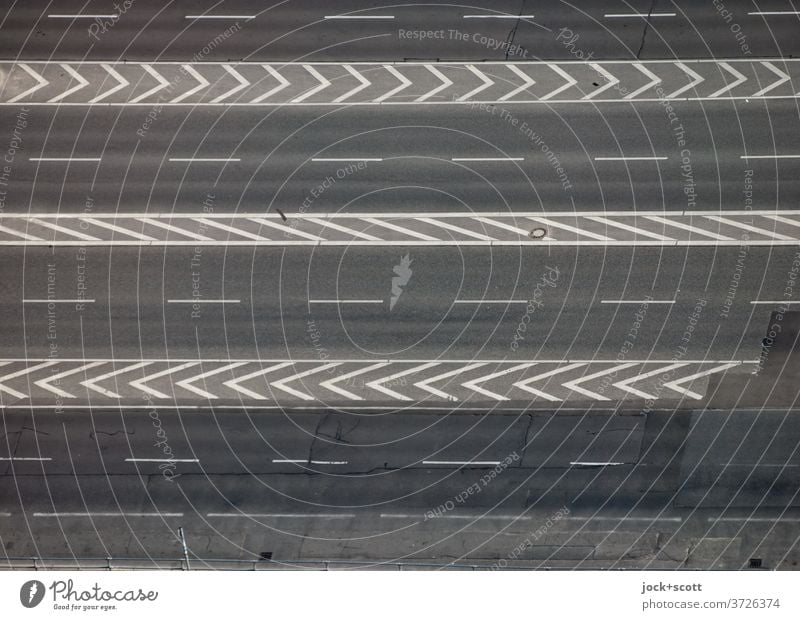 Bird's eye view of the multi-lane road Traffic infrastructure Street Lane markings Structures and shapes Bird's-eye view Asphalt Gray Stripe Line Empty