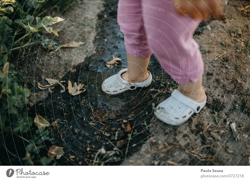Child with Crocs on the mud Rubber crocs shoes Muddy confortable Dirty Colour photo Nature Earth Day Exterior shot Brown Human being Rubber boots Green Puddle