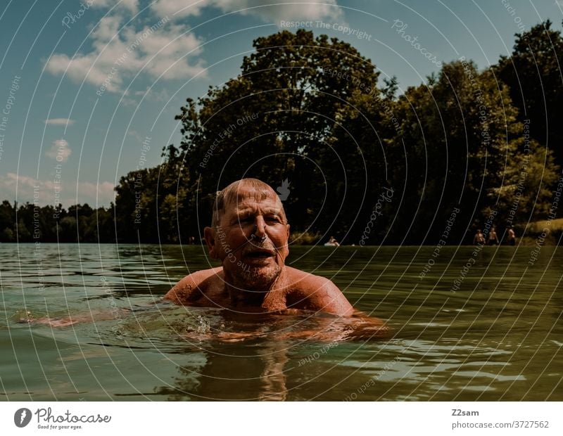 Pensioners swimming in the lake be afloat free time annuity Summer Lake Body of water Water Sports Movement nose clip Athletic Brown age Man portrait