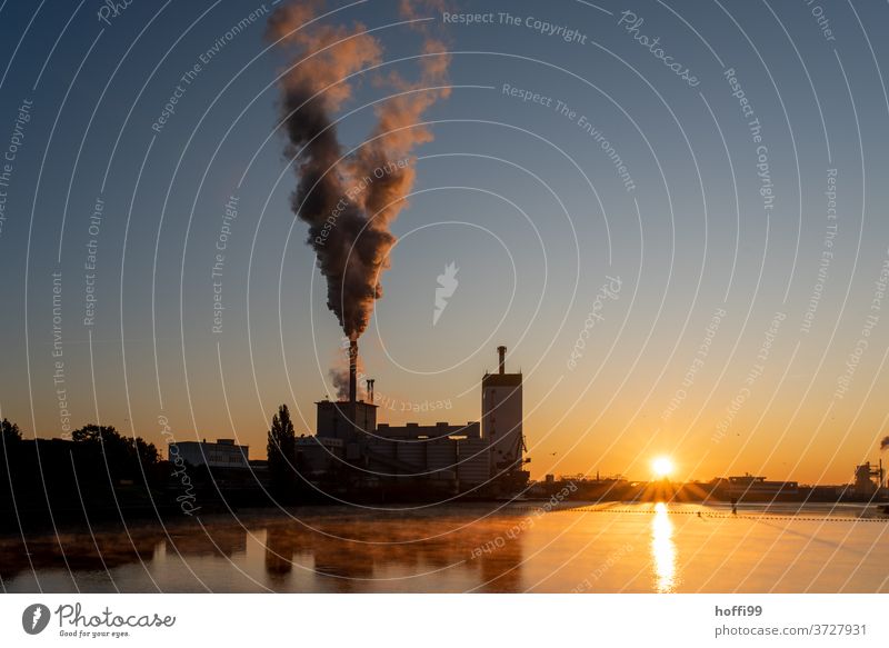 Sunrise over a river with a coal power station Climate change Carbon dioxide Sunrise - Dawn Sunlight CO2 emission Morning fog Coal power station steam cloud Fog