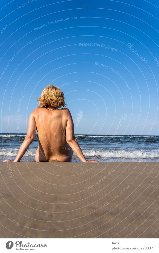 Woman sitting at the sea Ocean Beach Vacation & Travel Sand Waves Baltic Sea coast Summer Relaxation Horizon Tourism Far-off places Sandy beach Sit Naked