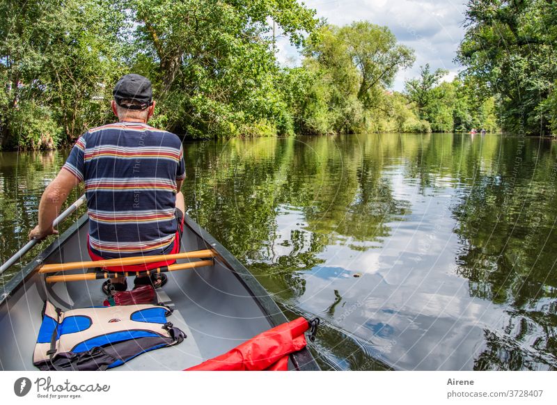 off on vacation! boat ship Calm bank idyllically River enz Canoe Kayak Canadian canoe Rowboat Boatman Boating trip Life jacket Adventure River bank Nature