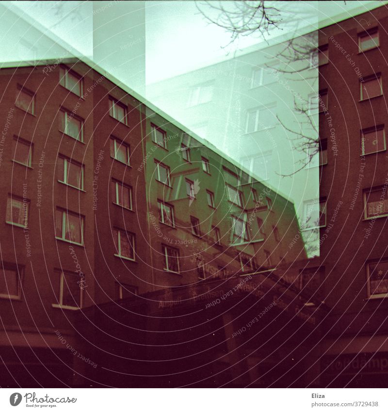 Analogue double exposure: gloomy brown blocks of flats block of flats House (Residential Structure) somber conceit built Architecture High-rise Deserted