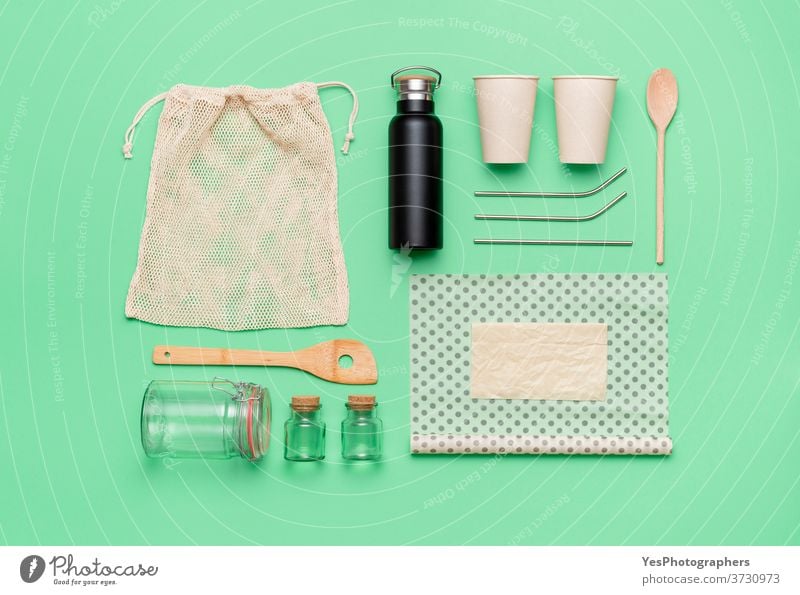 Sustainability concept flat lay. Set of reusable organic household objects. Sustainable living products background bag beeswax cloth biodegradable coffee cup