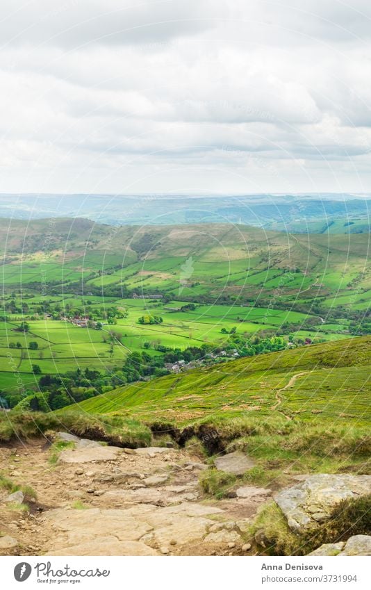 View on the Hills near Edale, Peak District National Park, UK Derbyshire England English Blue Cloudy Countryside Farmland Green Lawn Meadow Midlands Mountain