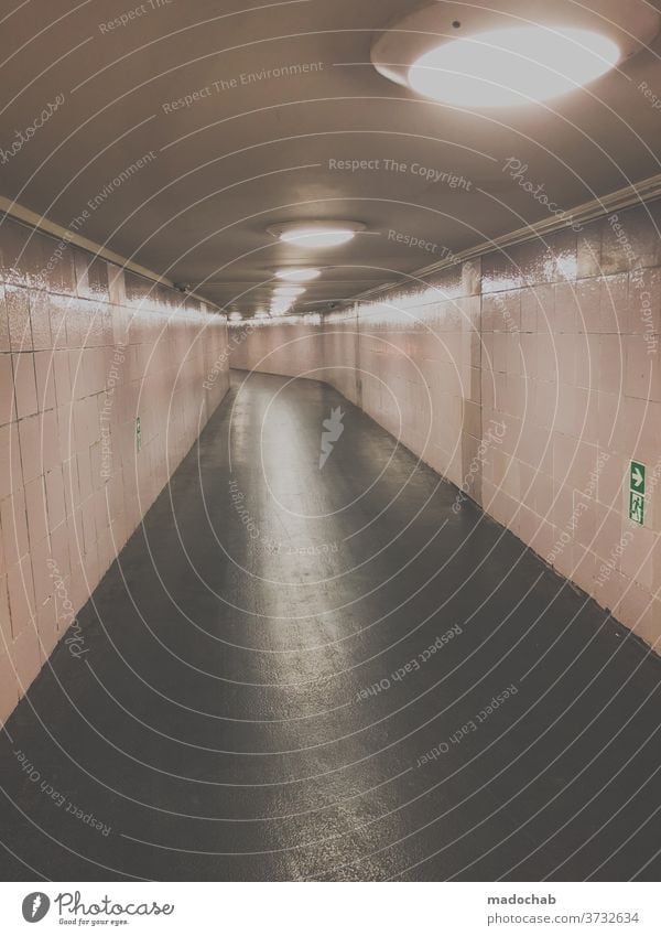 Ghost Runner Tunnel Subsoil Underpass Berlin Rear view Underground Light Train station Town Loneliness Tile Perspective Symmetry Lighting Neon light