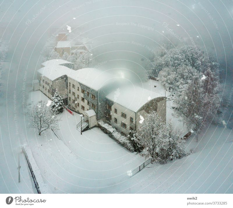 Blurred view Winter Snowfall Beautiful weather Landscape House (Residential Structure) tree Frost To fall Exterior shot Deserted Copy Space top