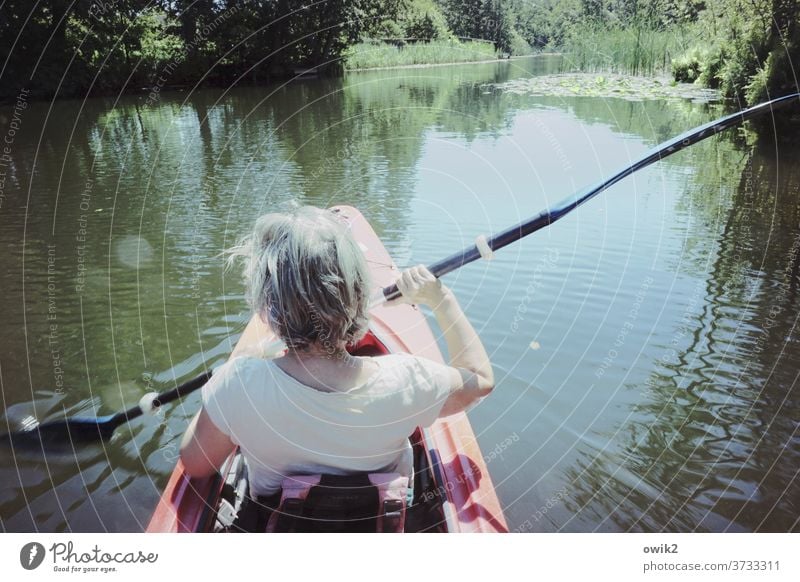 Flexitime Leisure and hobbies Trip Woman Back Arm Back of the head Human being Environment Nature Beautiful weather Summer Water Landscape Channel Paddle