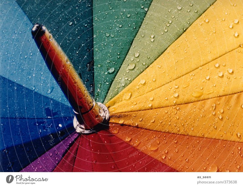 rainbow Drops of water Climate Weather Bad weather Rain Umbrella Metal Water Happiness Wet Point Blue Multicoloured Yellow Green Violet Orange Red