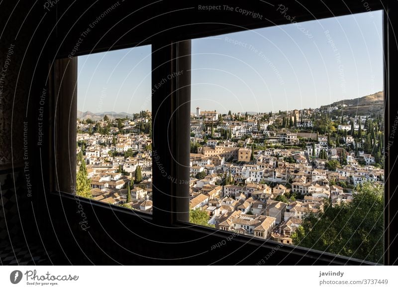 Albayzin district of Granada, Spain, from a window in the Alhambra palace albaicin sacromonte granada alhambra andalusia spain architecture spanish city view
