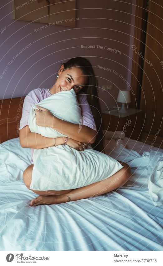 Beautiful Smiling Young Woman Pajamas Sitting Bed Stock Photo by