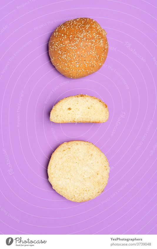 Bread buns isolated on a purple color. Top view of homemade burger buns background bake baked bakery baking balls bread buns bread roll burger rolls cooking