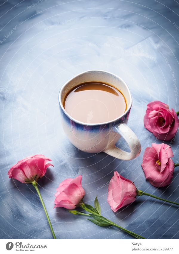 Mugs of coffee and pink flowers card cup mug still life drink hot milk espresso long group nobody food blue breakfast morning mother day valentine greeeting