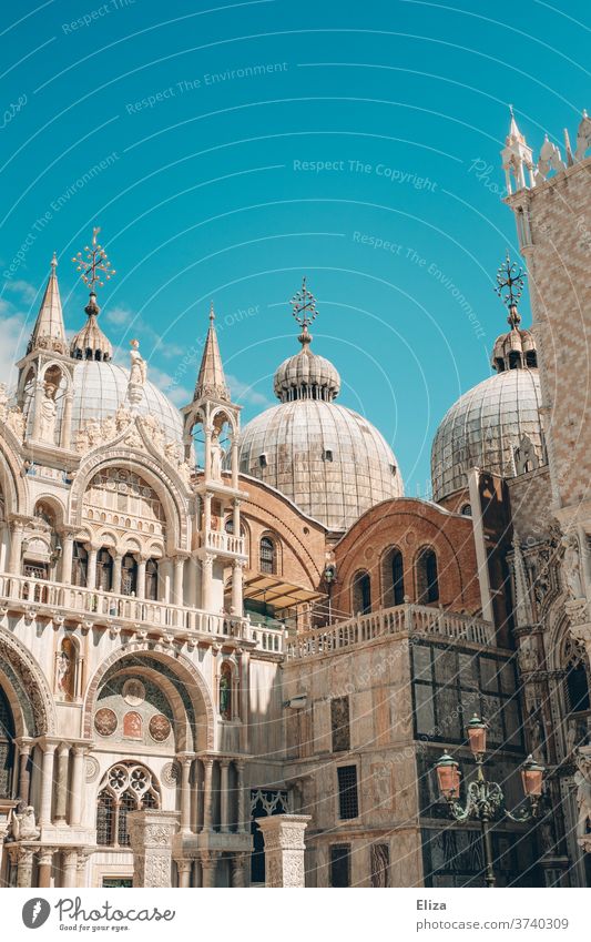 St Mark's Cathedral in front of a blue sky in Venice St. Marks Square St. Mark's Basilica Sky Blue Italy Tourism Tower Manmade structures Architecture Historic