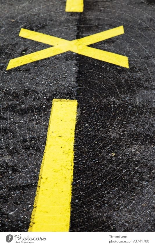 Marker: before... stop... before... Street Marker line mark Line Crucifix Asphalt Yellow Black Deserted Exterior shot Signs and labeling Traffic infrastructure