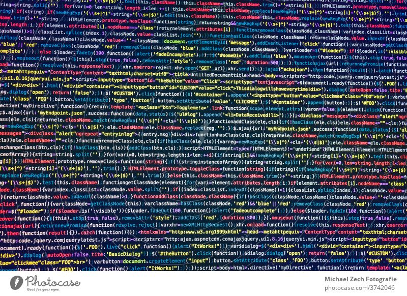 Developer screen with colored website programming code development php application background banner binary character coding computer conceptual connect cyber