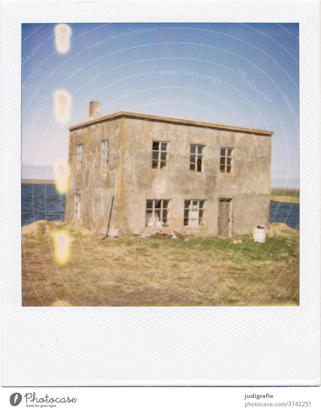 Polaroid of an Icelandic house House (Residential Structure) Landscape dwell Loneliness built Exterior shot Deserted Colour photo hut Meadow Fjord