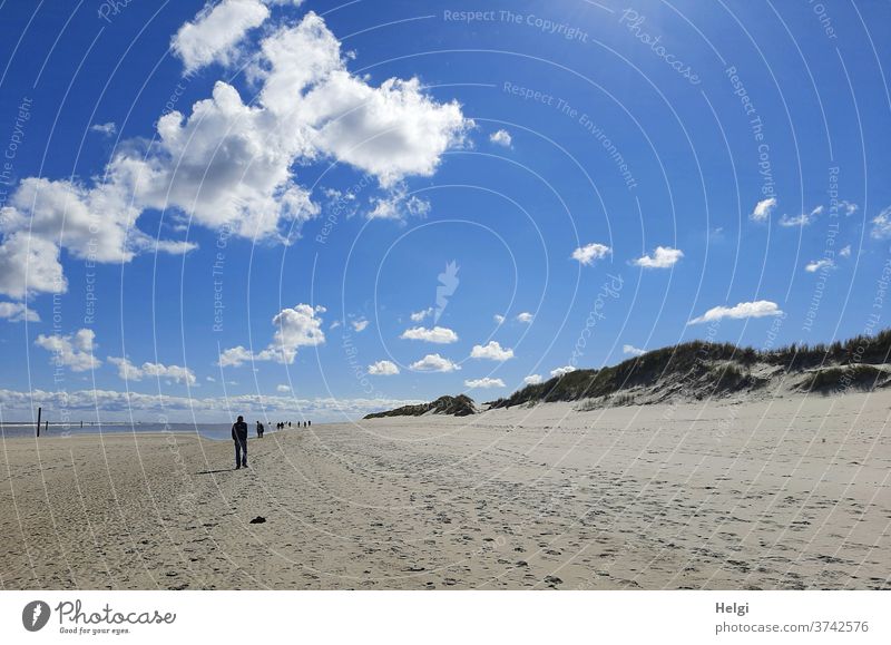 infinite space - sandy beach, dunes and silhouettes of people under a blue  sky with small clouds, in the background the North Sea - a Royalty Free  Stock Photo from Photocase