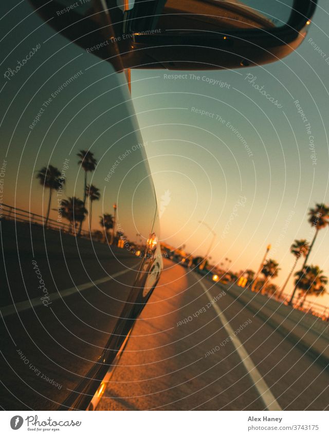 A car driving during sunset with palm trees in the background Car California Orange County reflection